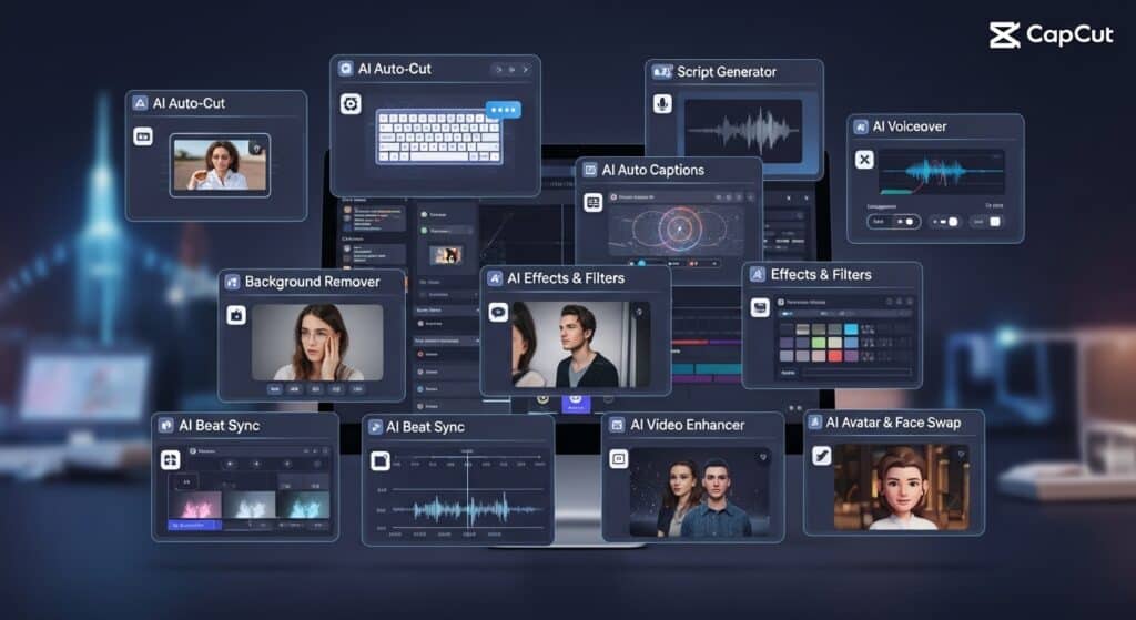 CapCut 2025 interface showcasing 9 advanced AI tools like Auto-Cut, Script Generator, and Background Remover