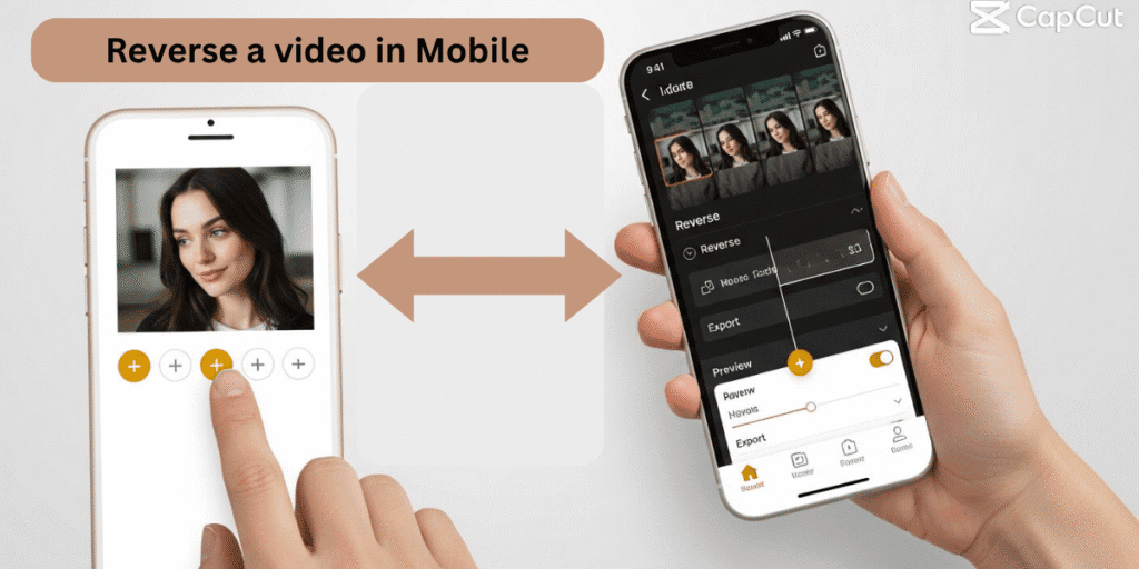 Person using the CapCut app on a smartphone to reverse a video clip on the editing timeline