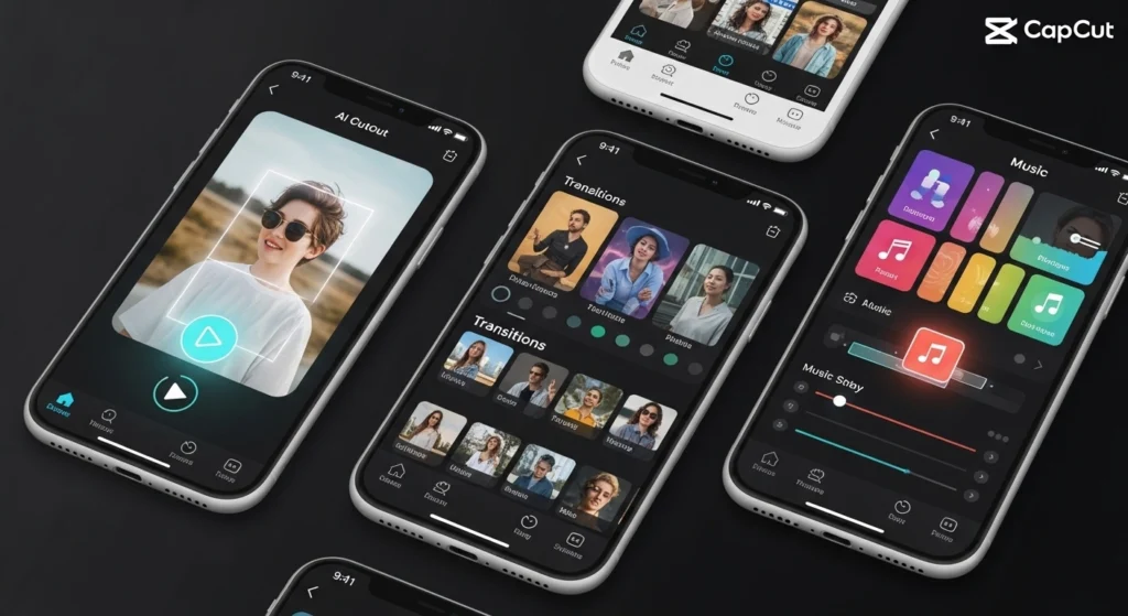 CapCut features including transitions, templates, and AI effects