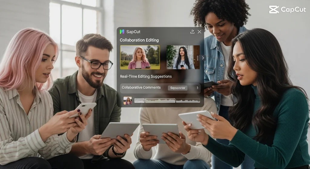 Creators collaborating using CapCut’s social sharing tools