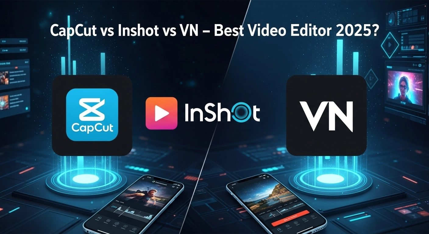 Feature image showing CapCut vs inshot vs VN video editors compared in 2025