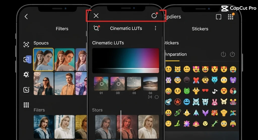 CapCut MOD APK filters panel with pro LUTs and transitions