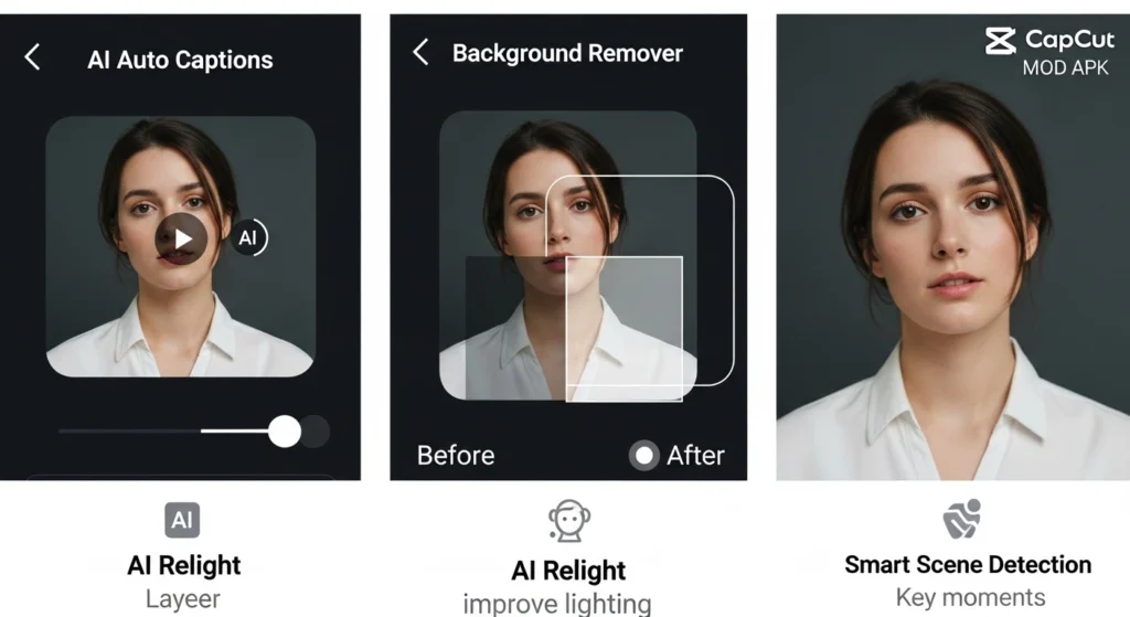 CapCut Pro AI tools with auto captions, background remover, relight, and scene detection.