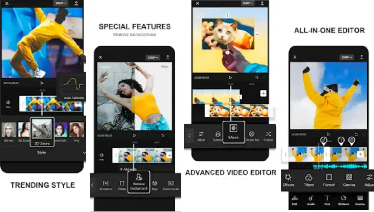 CapCut APK interface showcasing video editing features like background removal, trending styles, and all-in-one editing tools