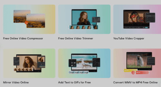 CapCut online video tools including compressor, trimmer, cropper, mirror video, GIF text adder, and WMV to MP4 converter
