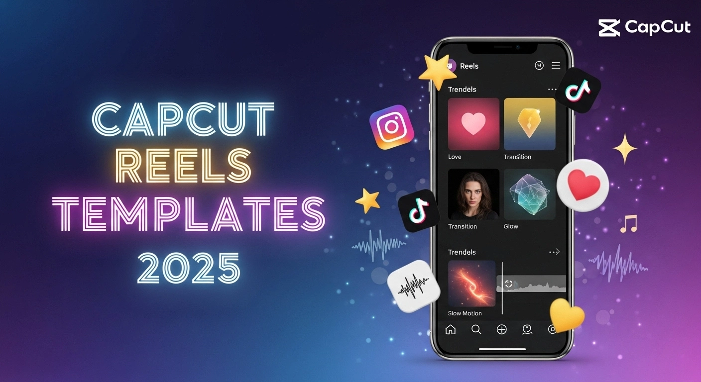 Feature image showing CapCut Reels Templates 2025 with smartphone editing interface, music waveforms, Instagram and TikTok icons, and glowing neon title on a dark digital background