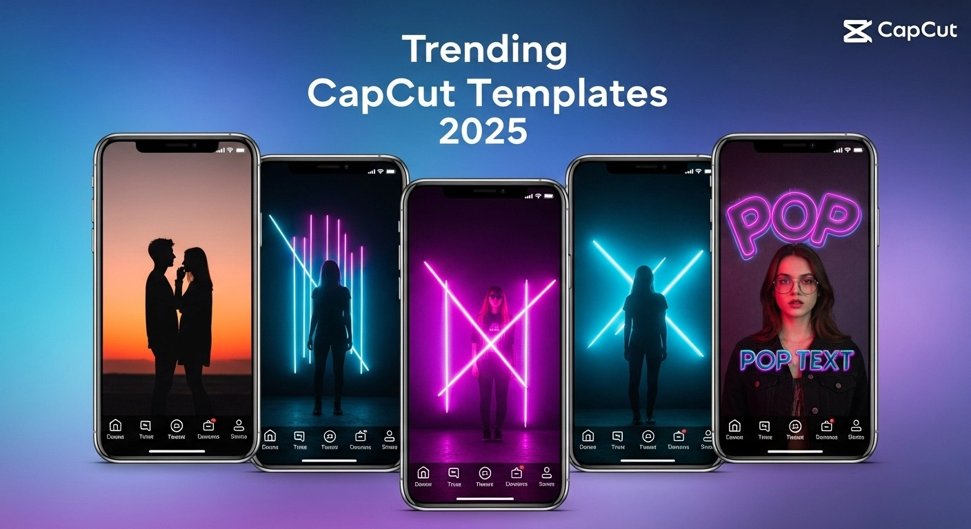 Four smartphone screens showing viral CapCut templates including romantic sunset, neon dance, black-and-white sad reel, and glowing pop-text edit with bold 'Trending CapCut Templates 2025' title on a gradient background