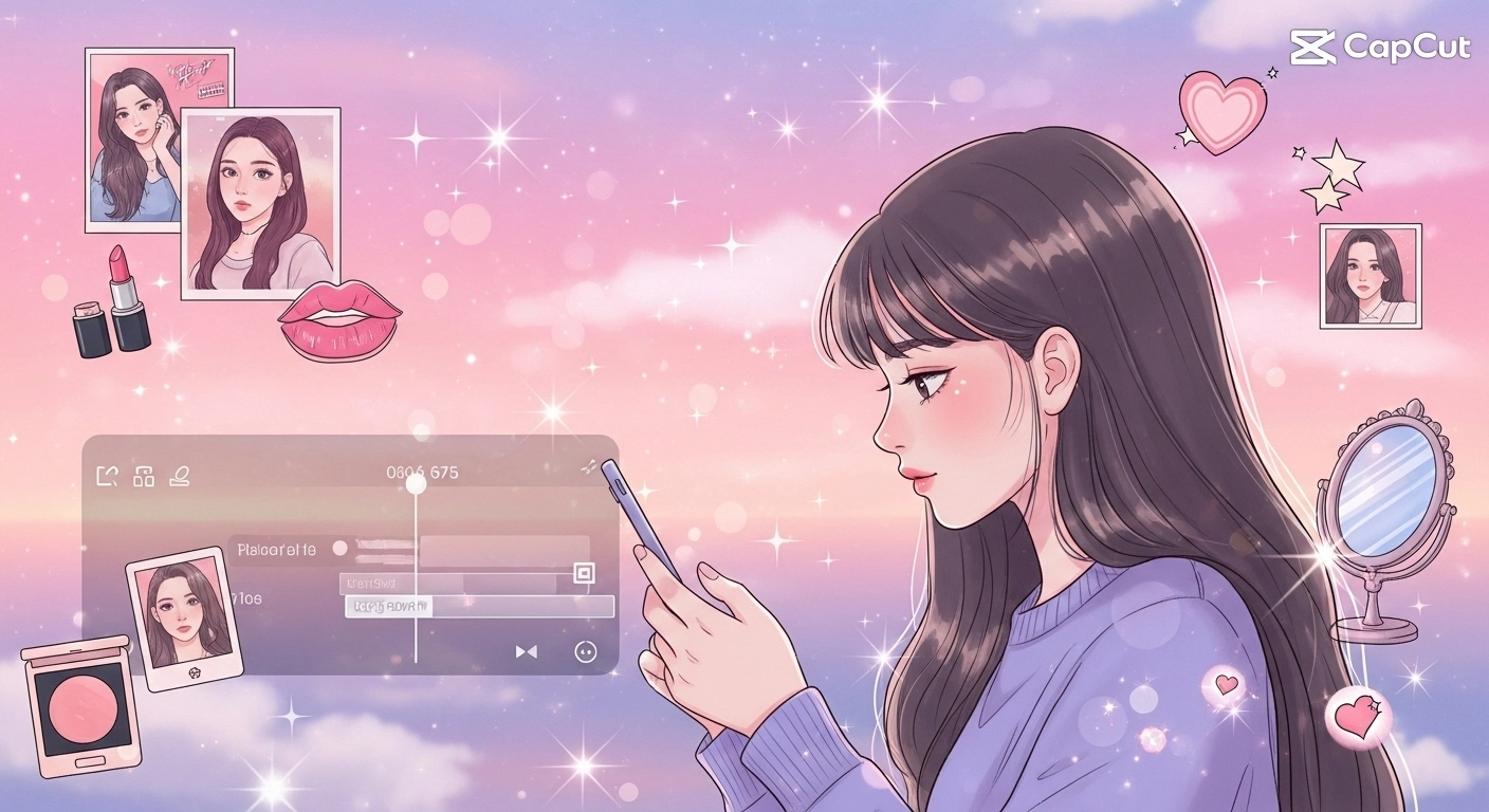 Teen girl editing a CapCut aesthetic video with K-pop and beauty effects in 2025