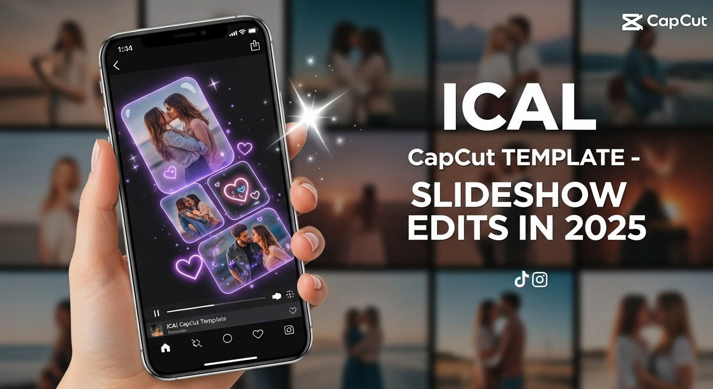 Smartphone showing CapCut ICAL template editing interface with aesthetic slideshow transitions and minimal UI in 2025